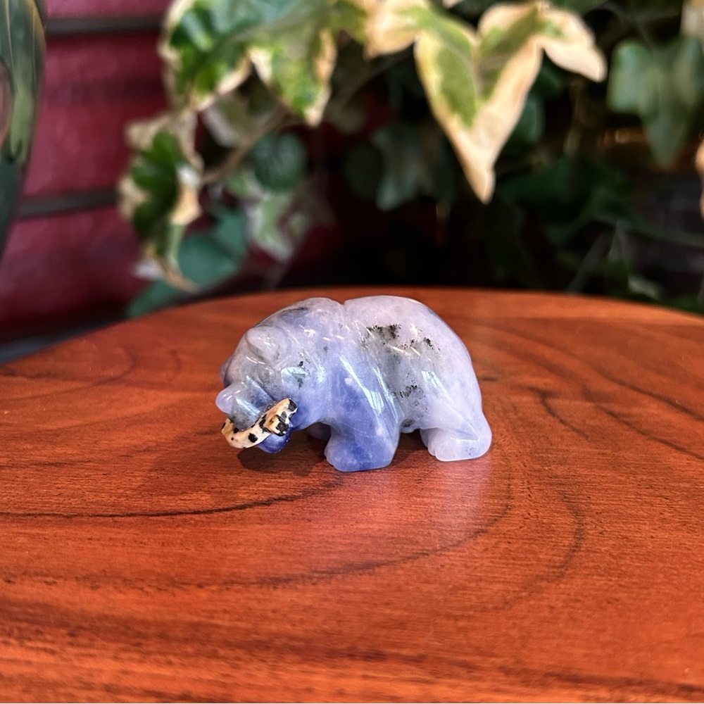 Blue Crystal Stone Bear Figurine with Jasper Fish